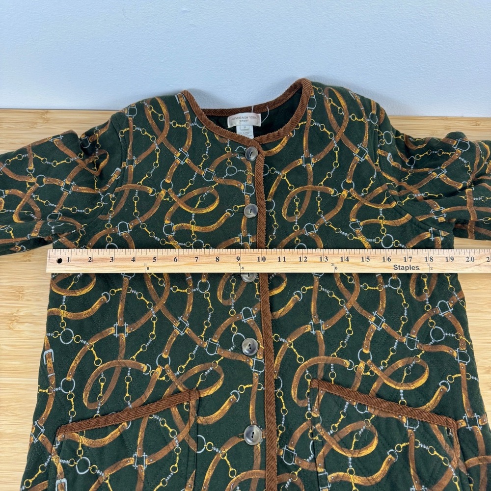 VTG! Jones New York Sport Quilted Jacket S Equestrian Belt Print Green Brown - Picture 5 of 12